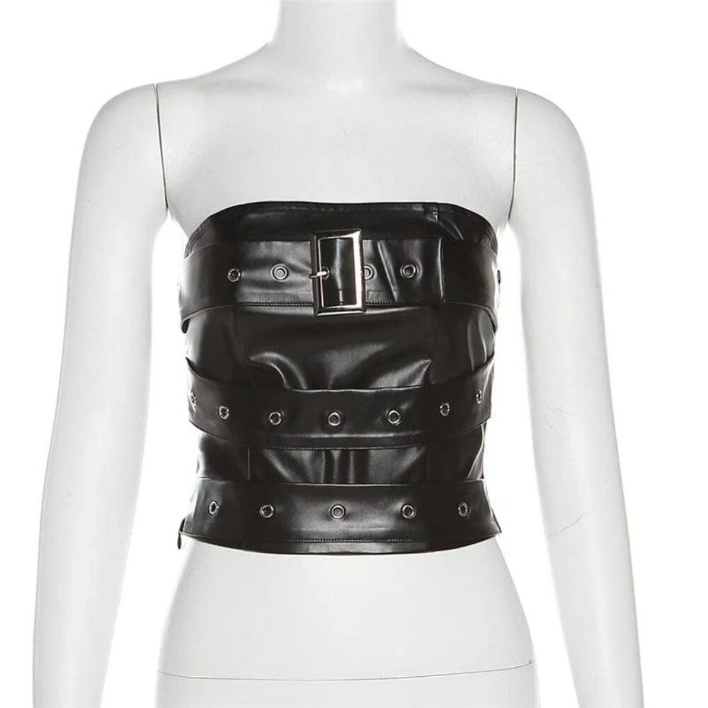 Punk Rock Buckle Up Bustier Top Sz M Stretchy Black Faux Leather Gothic Grommets - Picture 3 of 7